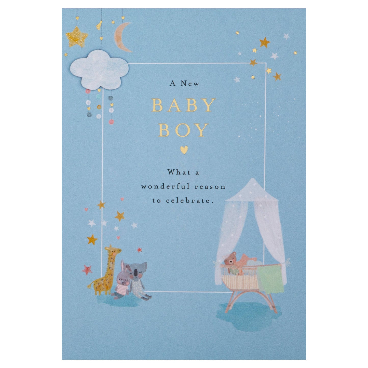 Lucy Cromwell Baby Boy Card with Crib & Toy Animals Design