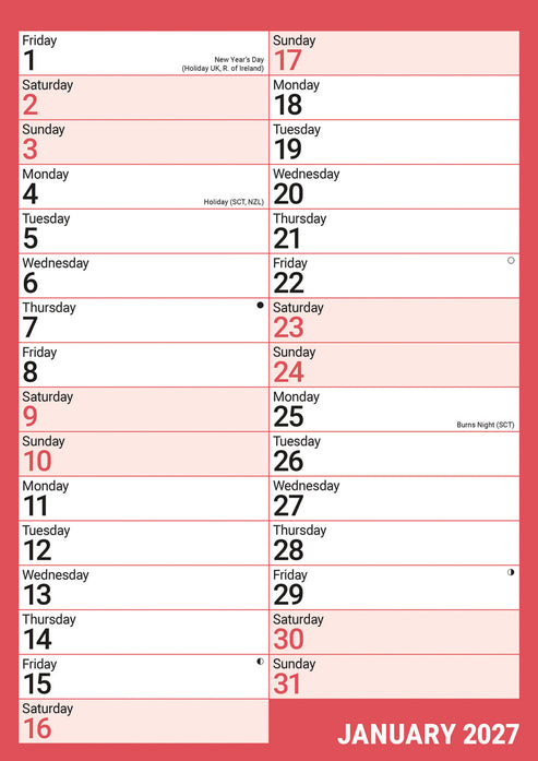 Red & Black Monthly Engagement A4 Calendar 2027