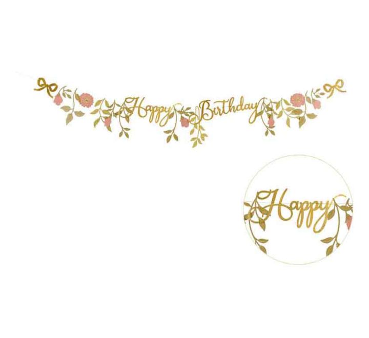 1.3m PINK AND GOLD HAPPY BIRTHDAY FLOWERS BANNER
