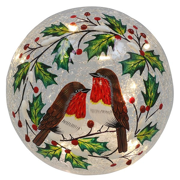 Xmas Crackle Holly Wreath Robin LED Ball Large