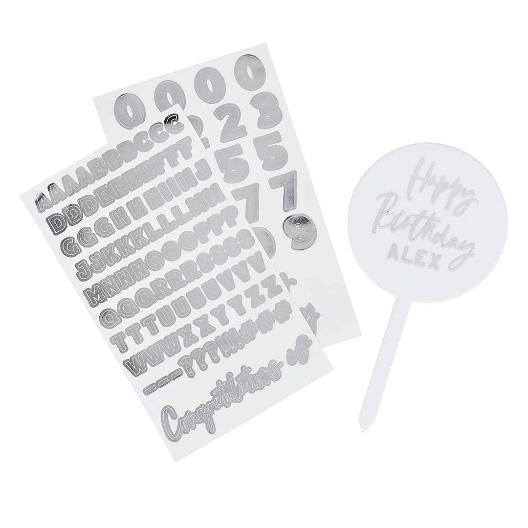 Acrylic Cake Topper & X2 Silver Sticker Sheets