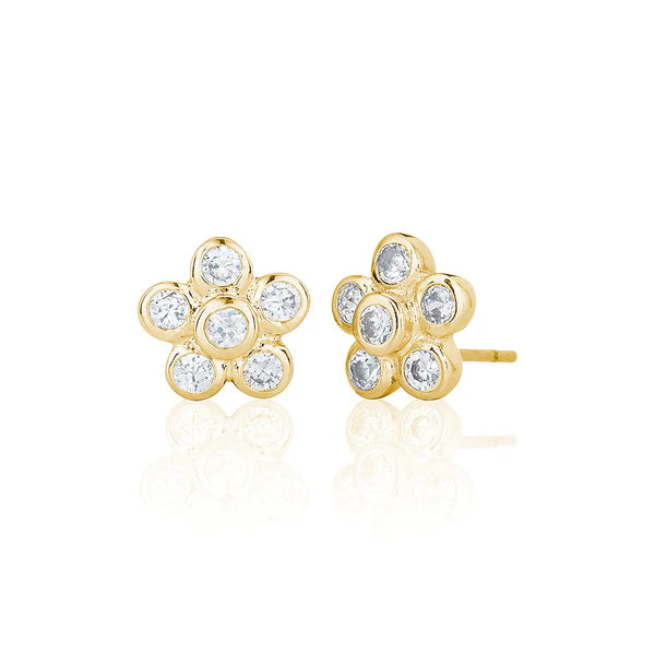 Rubover Set Six Stone Flower Stud Earrings In Yellow Gold