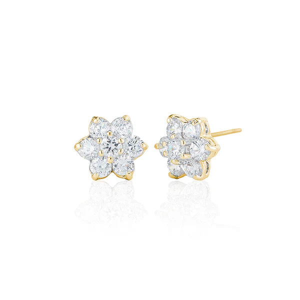 Seven Stone Flower Cluster Stud Earrings In yellow Gold