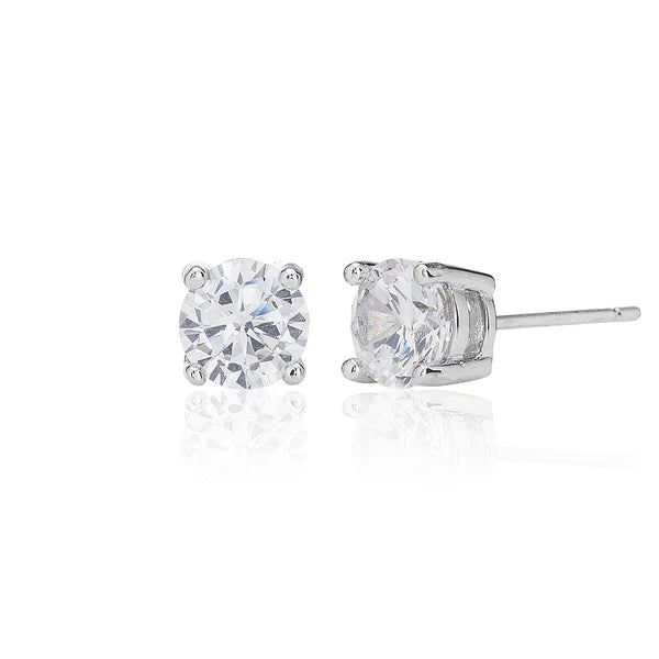 White Four Claw 6mm Solitaire Rhodium Plated Stud Earrings