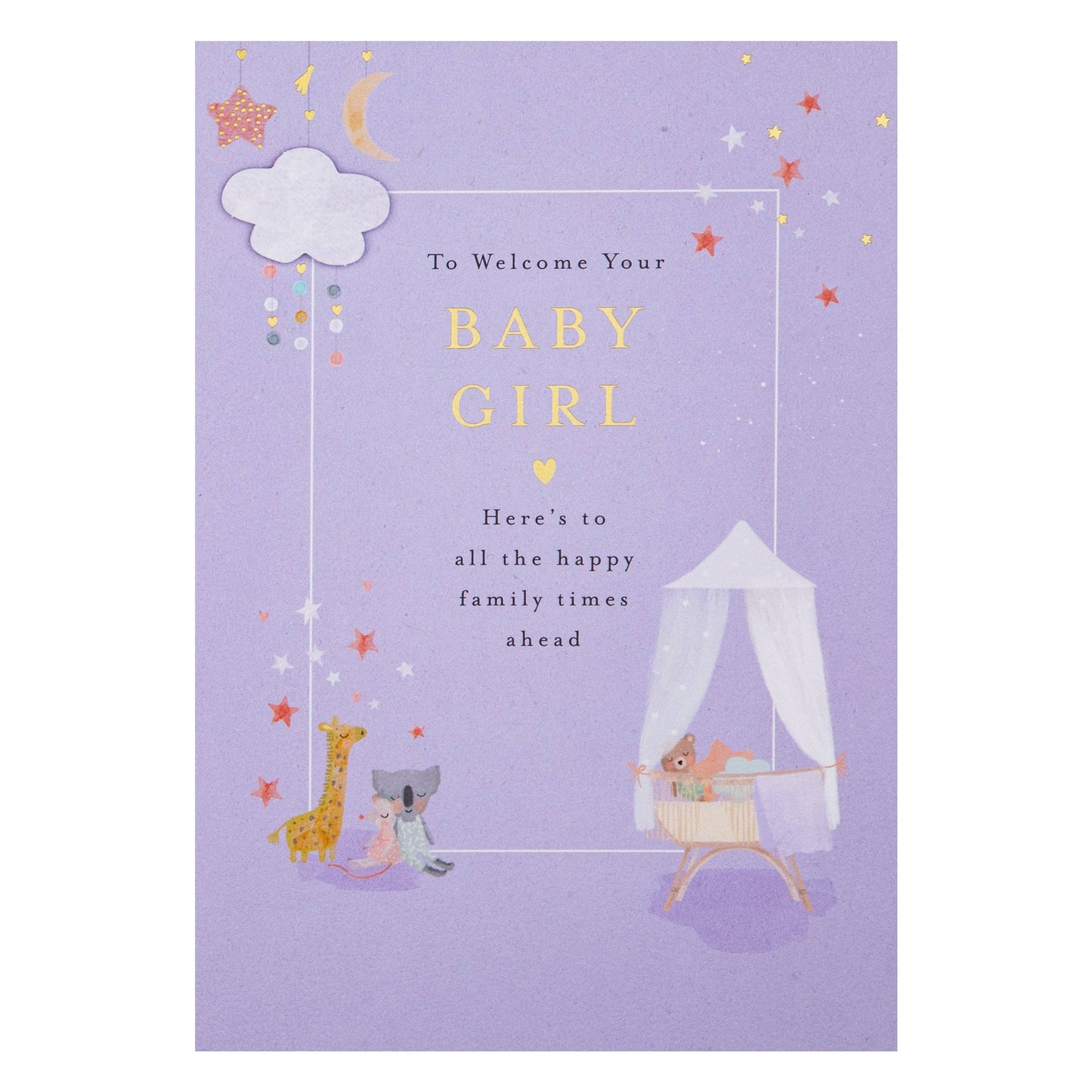 Lucy Cromwell Baby Girl Card with Crib & Toy Animals Design