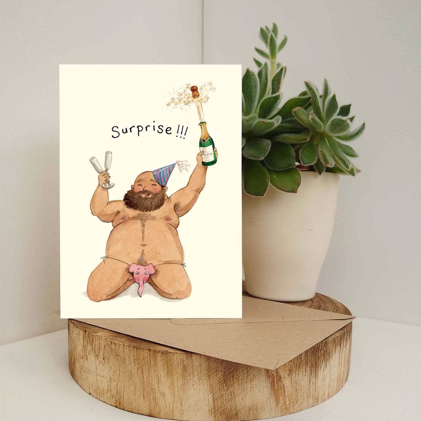 Surprise birthday card, sexy chubby man greeting card