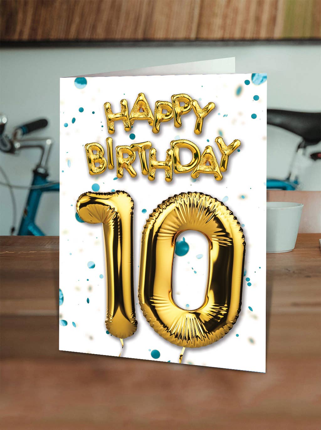 10th Birthday - Gold Balloon - Blue Confetti Greetings Card