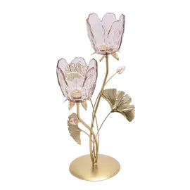 Hestia 2 Stem Candle Holder With Blush Pink Glass On Gold Base