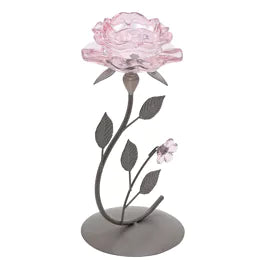 Hestia Pink Glass Rose Single Stem Candle Holder On Taupe Base