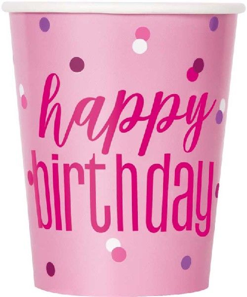 9oz Glitz Pink & Silver Dots Happy Birthday Paper Cups