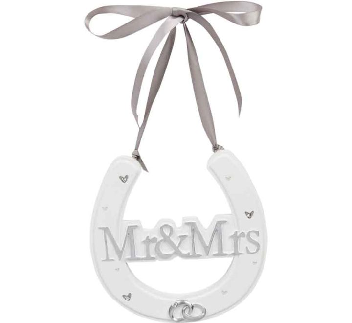 MR & MRS AMORE WHITE RESIN WEDDING HORSE SHOE