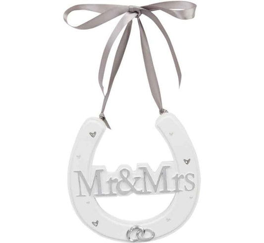 MR & MRS AMORE WHITE RESIN WEDDING HORSE SHOE