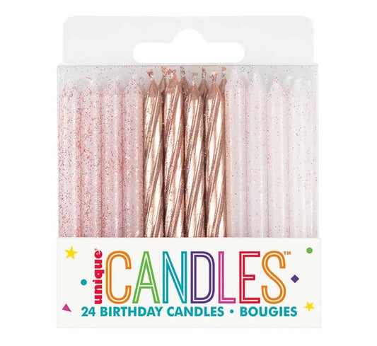 24PC ROSE GOLD GLITTER SPIRAL BIRTHDAY CANDLES