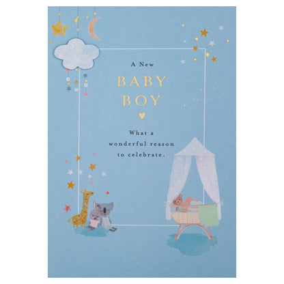 Lucy Cromwell Baby Boy Card with Crib & Toy Animals Design