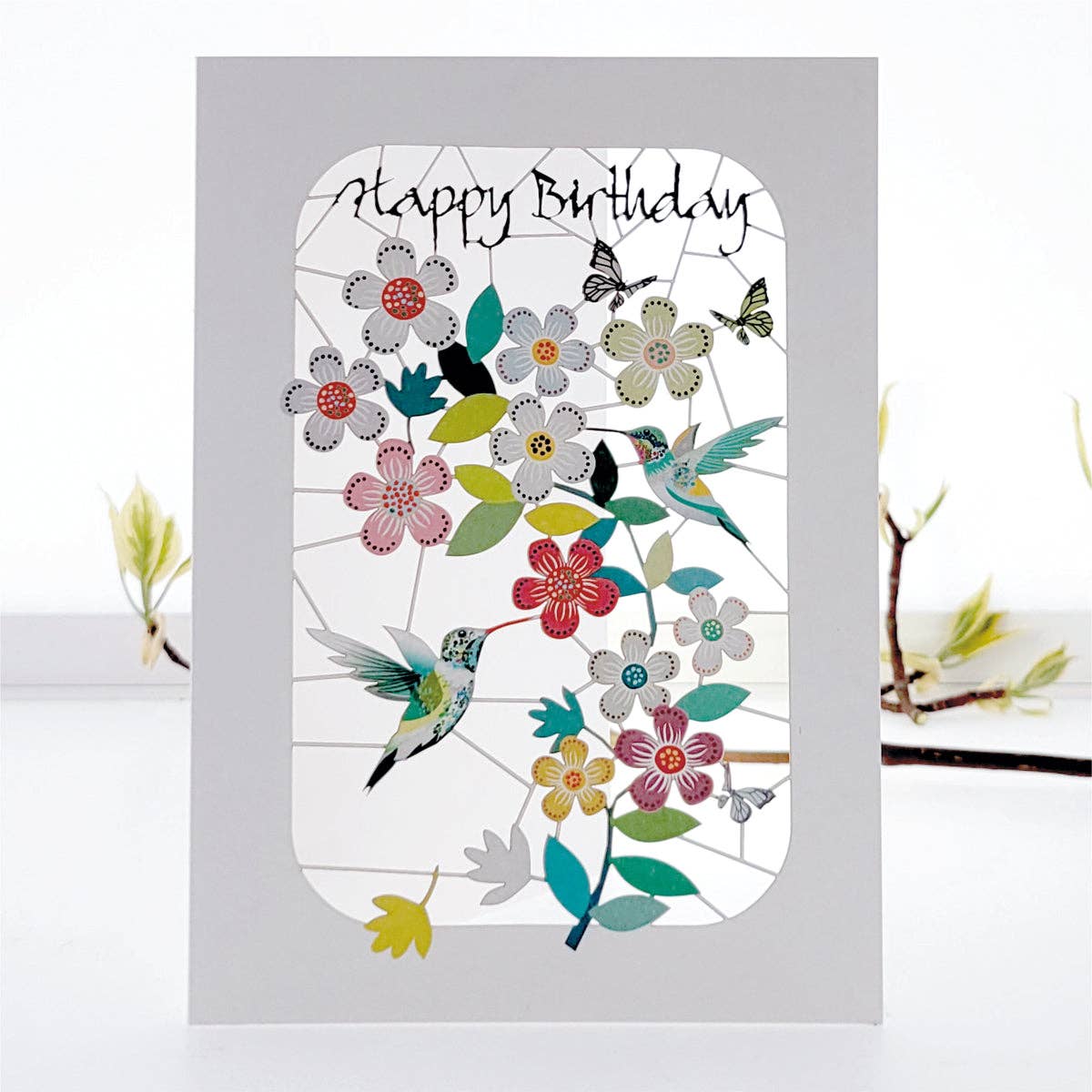 Hummingbirds & Flowers Happy Birthday Card