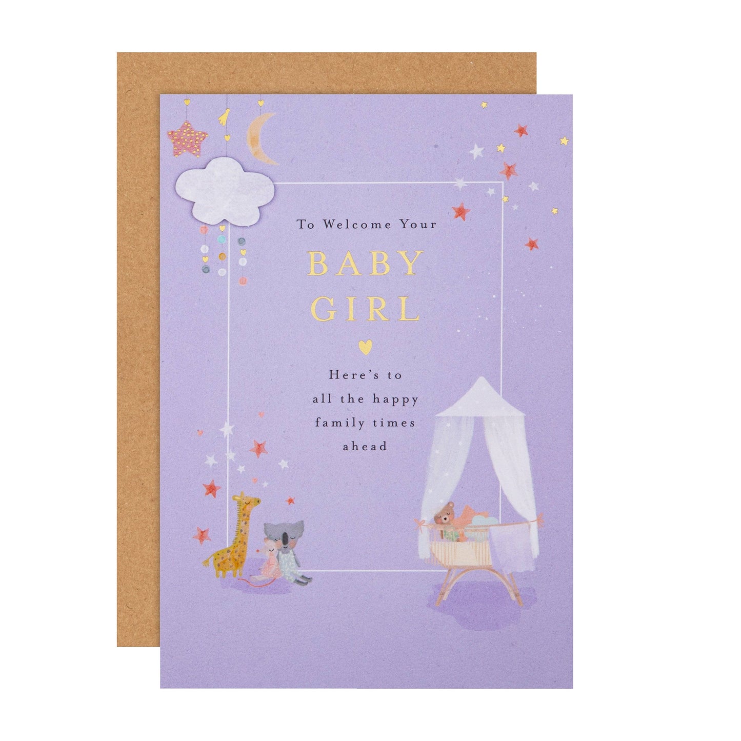 Lucy Cromwell Baby Girl Card with Crib & Toy Animals Design