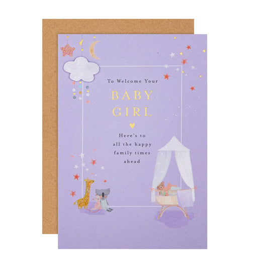 Lucy Cromwell Baby Girl Card with Crib & Toy Animals Design