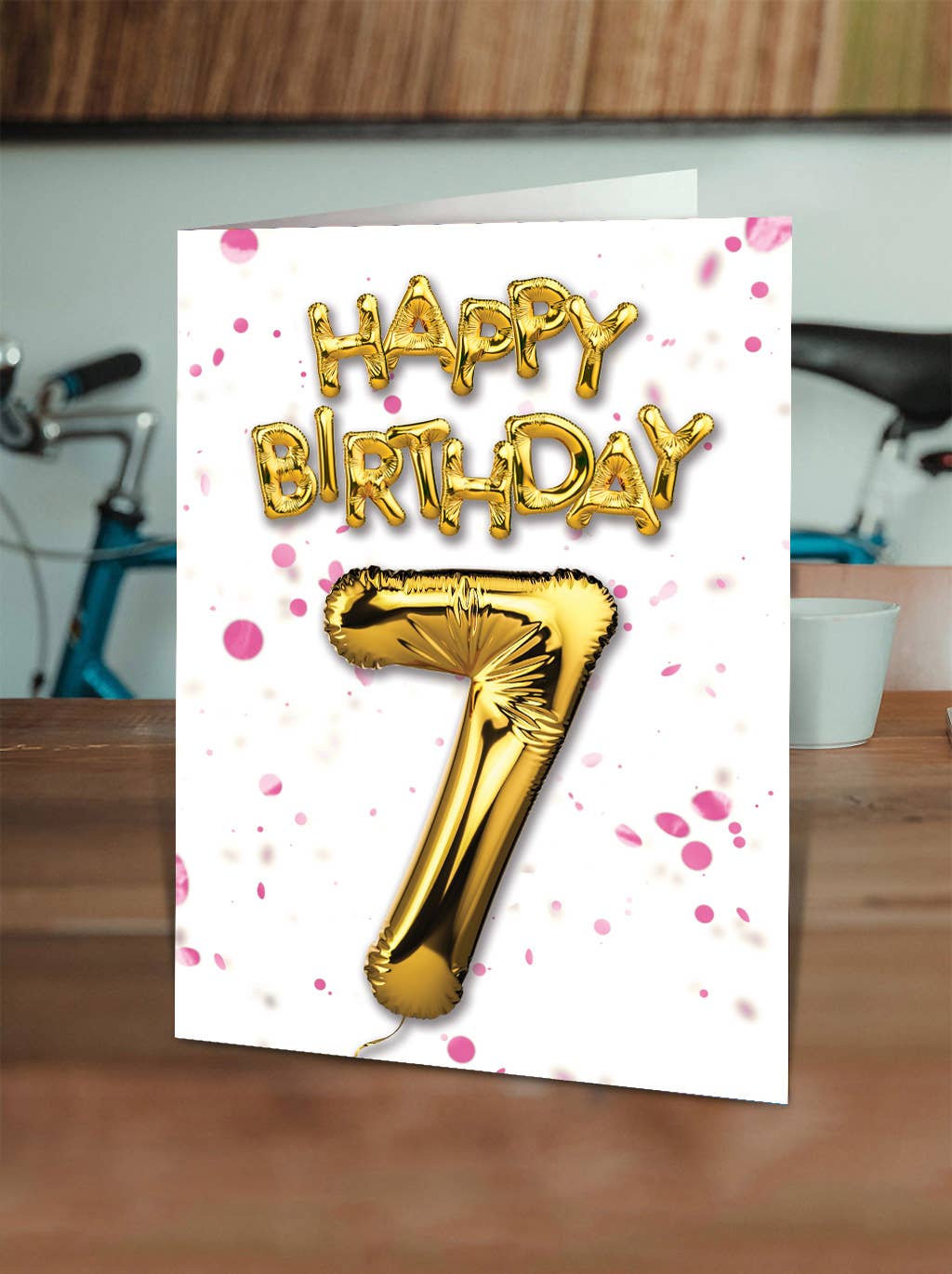 7th Birthday - Gold Balloon - Pink Confetti Greetings Card