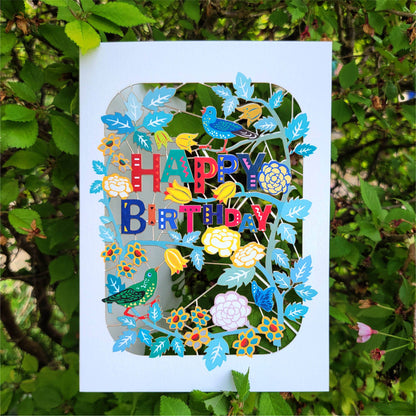 Happy Birthday Card with Birds and Foliage