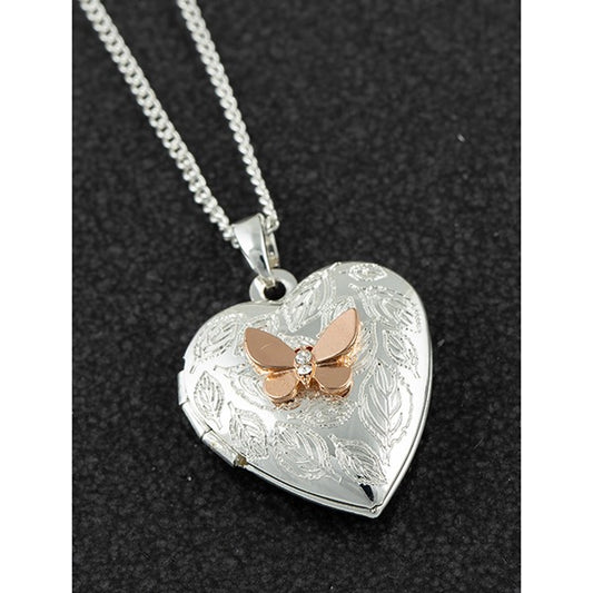 Polished Two Tone Heart Butterfly Locket