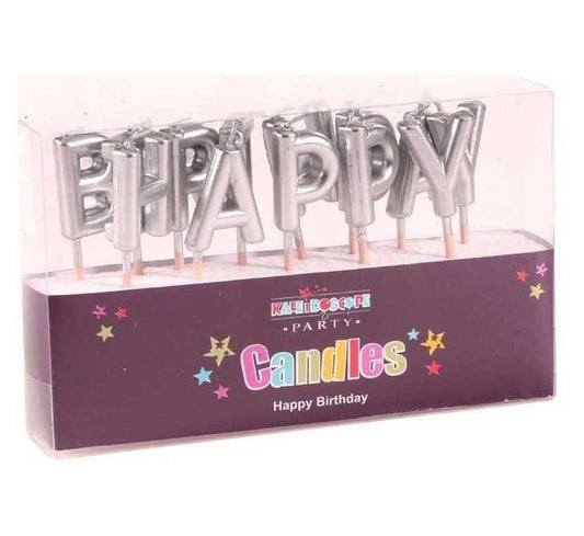 METALLIC SILVER HAPPY BIRTHDAY PICK CANDLES