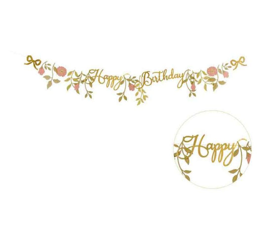 1.3m PINK AND GOLD HAPPY BIRTHDAY FLOWERS BANNER
