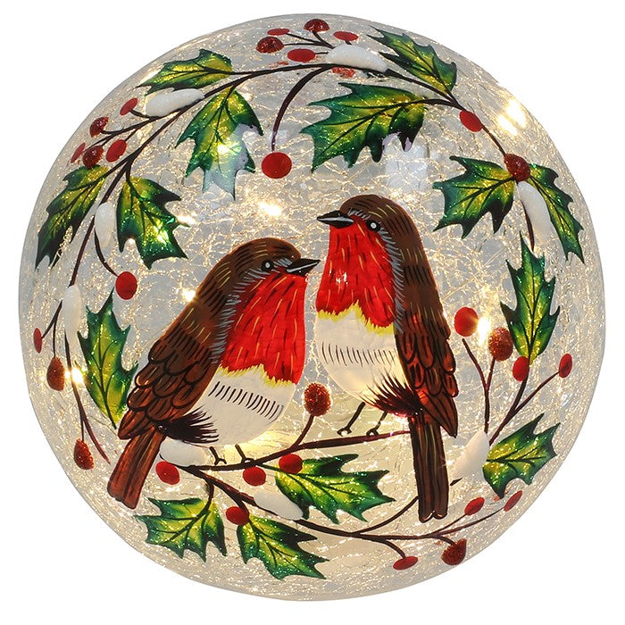 Xmas Crackle Holly Wreath Robin LED Ball Small