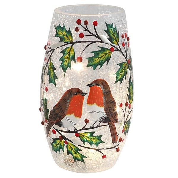 Xmas Crackle Holly Wreath Robin LED Vase