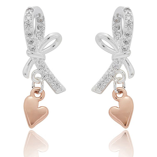 Eternal Bow Hanging Heart Two Tone Earrings