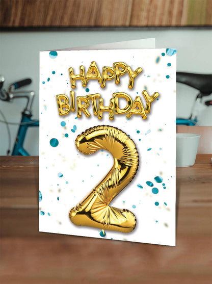 2nd Birthday - Gold Balloon - Blue Confetti Greetings Card