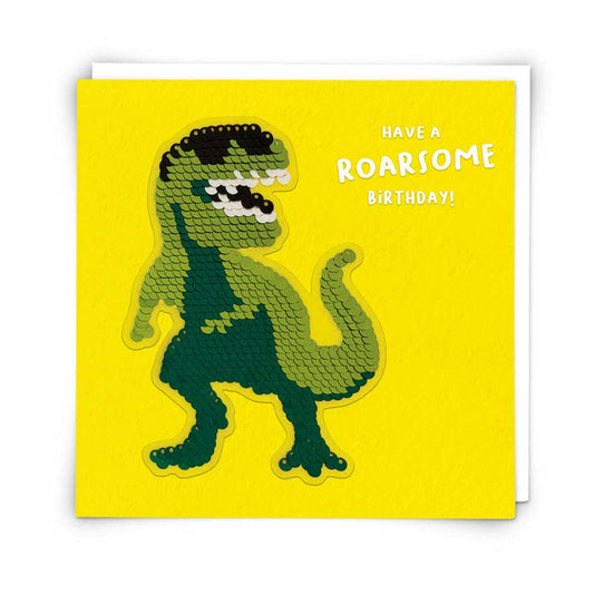 T Rex Greetings Card with Reusable Reversible Sequin Patch