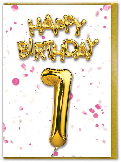 1st Birthday - Gold Balloon - Pink Confetti Greetings Card