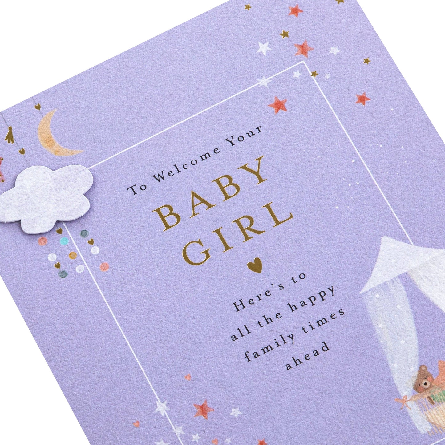 Lucy Cromwell Baby Girl Card with Crib & Toy Animals Design