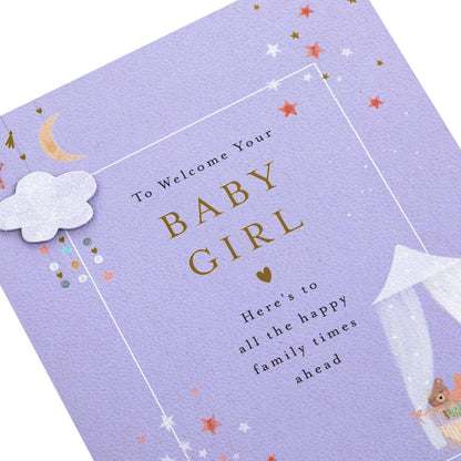 Lucy Cromwell Baby Girl Card with Crib & Toy Animals Design