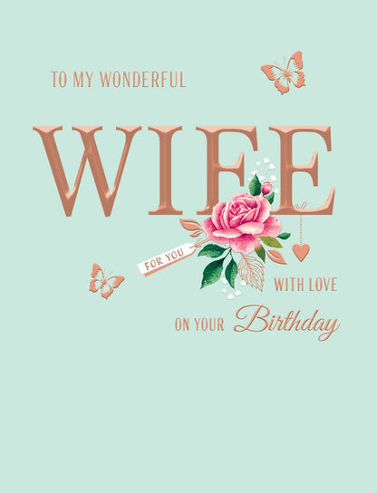 Birthday Card, Wife, Flower On Mint
