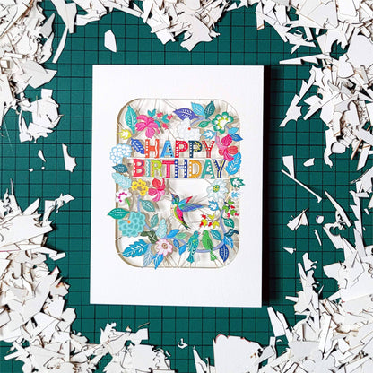 Happy Birthday Card with Humming Bird and Foliage