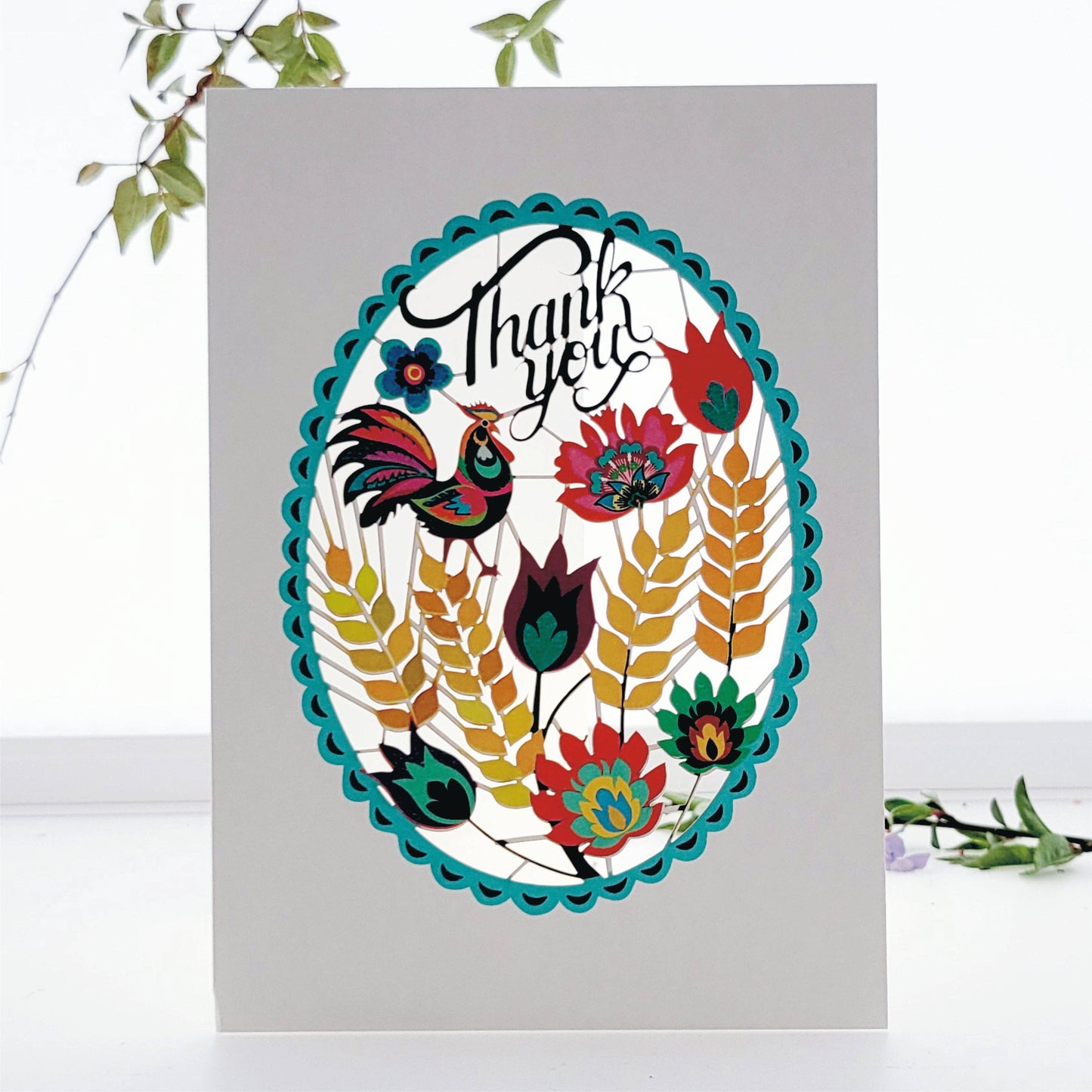 Thank You with Cockerel, Wheat and Flowers Design Card
