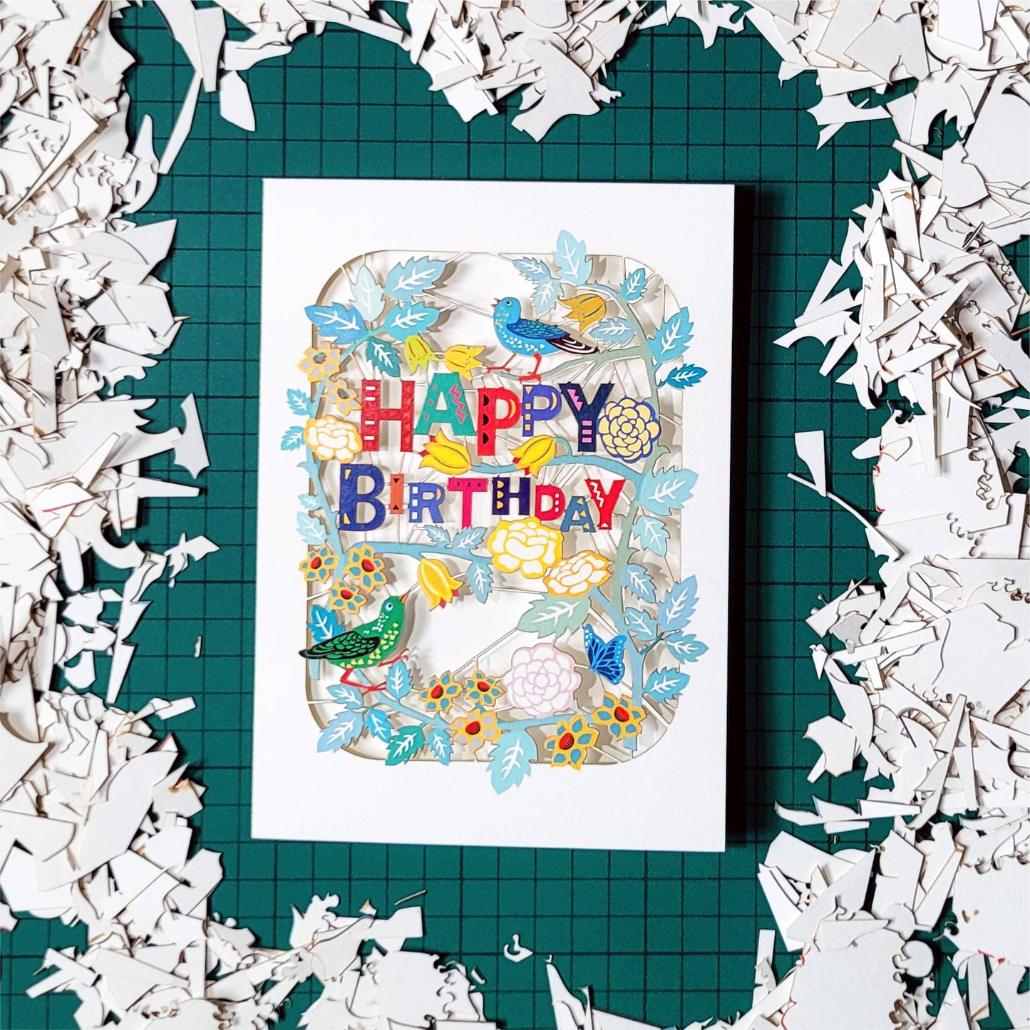 Happy Birthday Card with Birds and Foliage