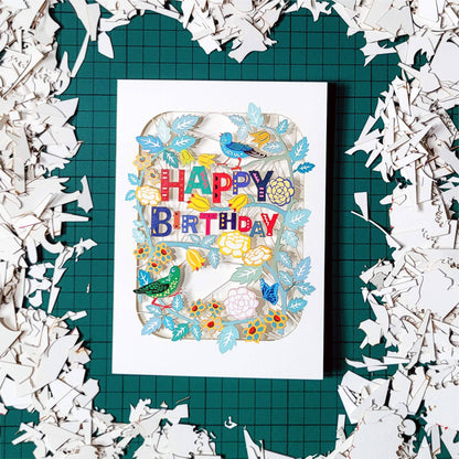 Happy Birthday Card with Birds and Foliage