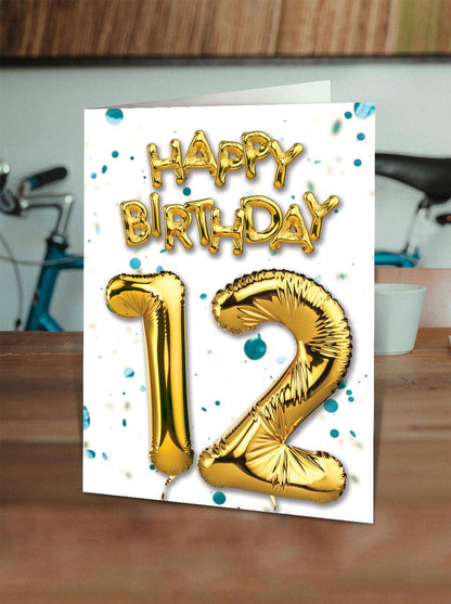 12th Birthday Card - Gold Balloon Greetings Card