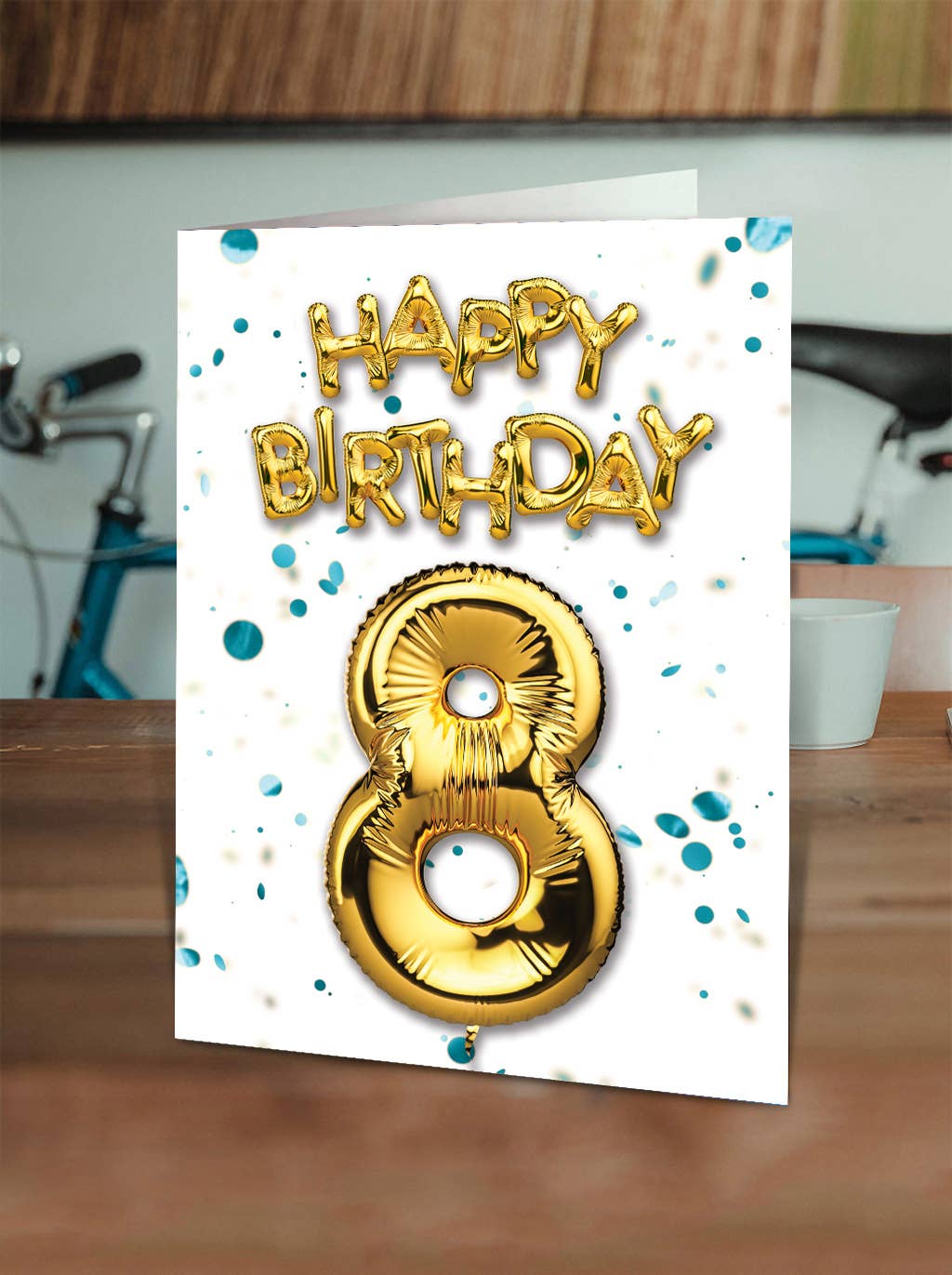 8th Birthday - Gold Balloon - Blue Confetti Greetings Card
