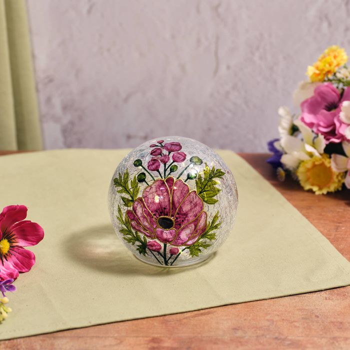 FLORAL SERENADE HAND PAINTED LILAC FLOWERS WITH RAISED GOLD DETAIL CRACKLE GLASS BALL LED