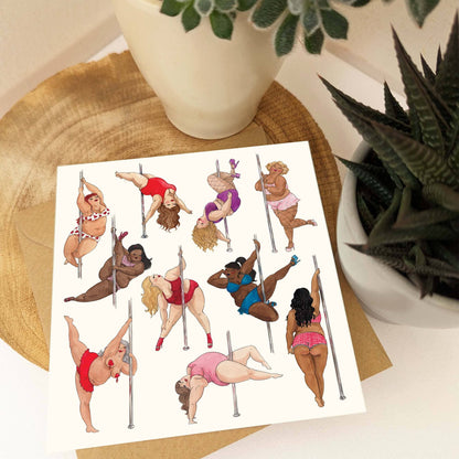 Pole dancing ladies greeting card, Sexy birthday card, 