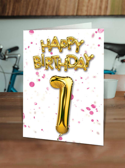 1st Birthday - Gold Balloon - Pink Confetti Greetings Card