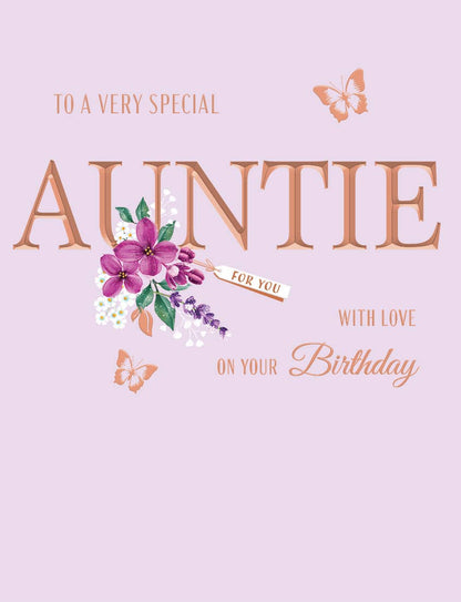Birthday Card, Auntie, Flowers On Lilac