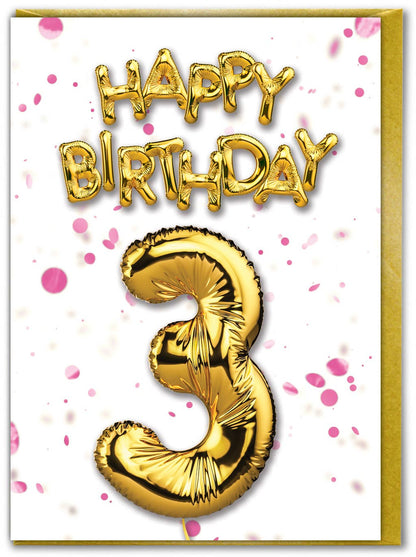 Sale 3rd Birthday - Gold Balloon - Pink Confetti