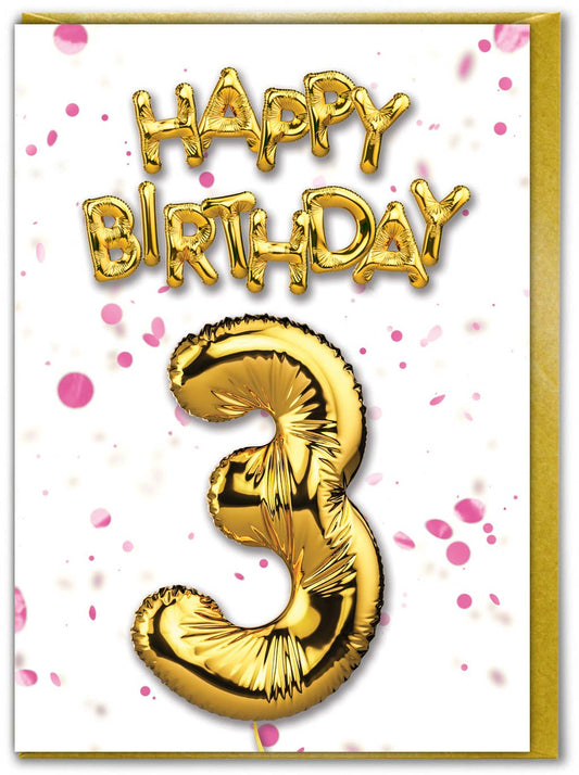 Sale 3rd Birthday - Gold Balloon - Pink Confetti