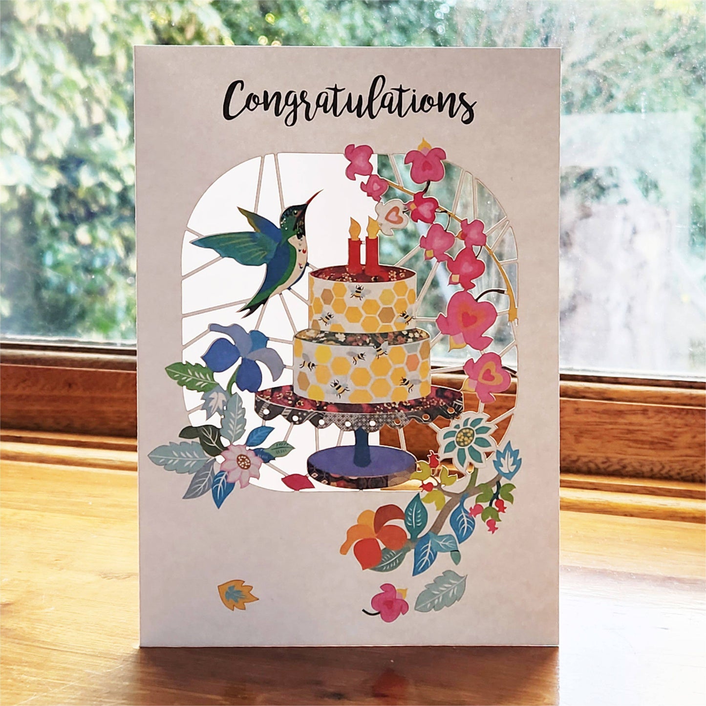 Congratulations Card with Cake and Humming Birds