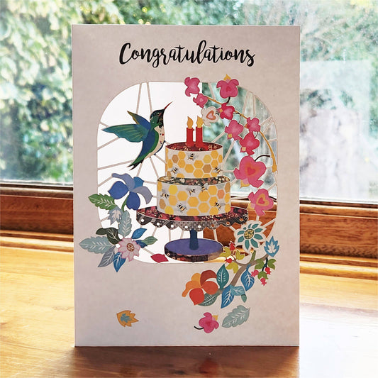 Congratulations Card with Cake and Humming Birds