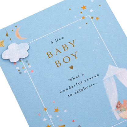 Lucy Cromwell Baby Boy Card with Crib & Toy Animals Design